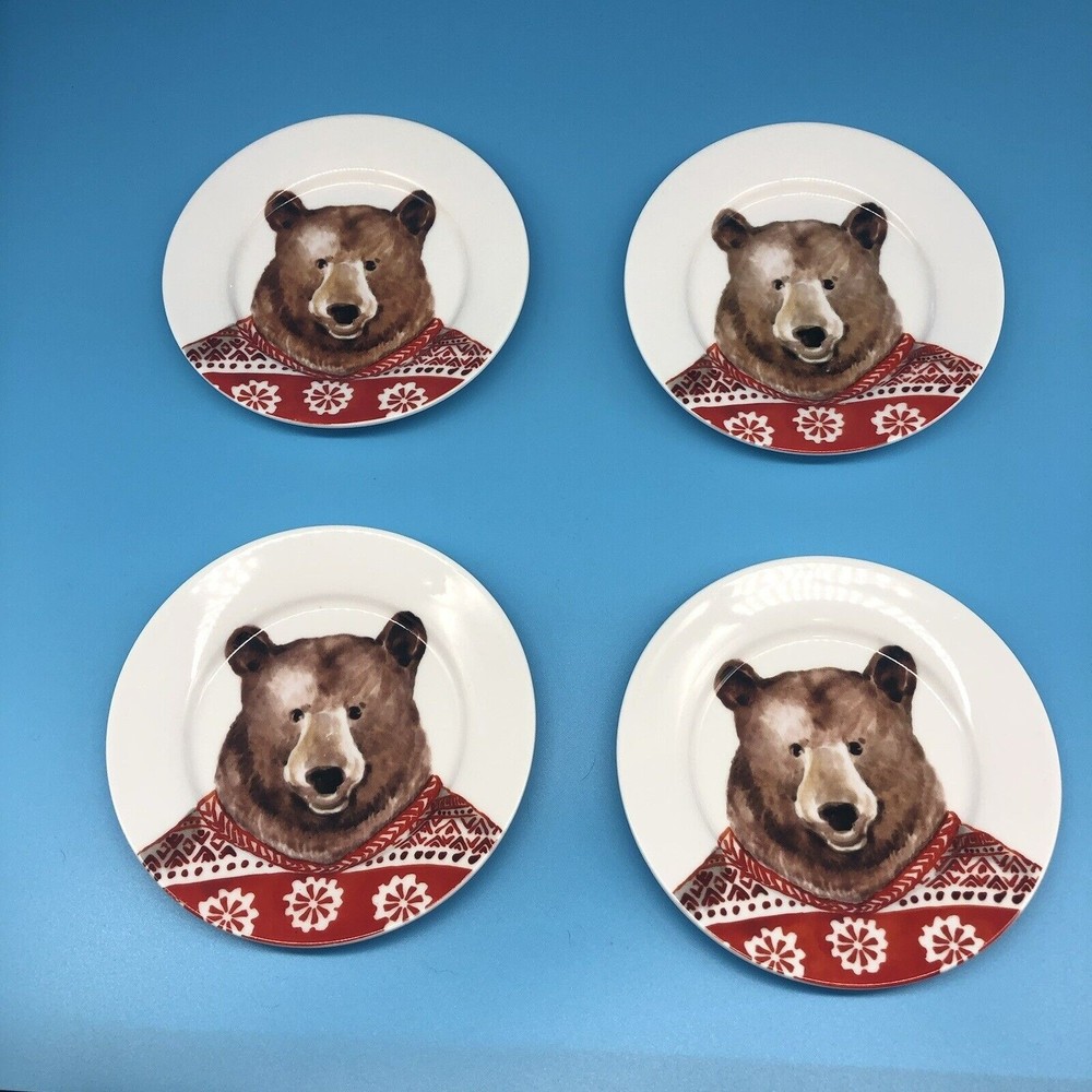 4 Ciroa Celebrate Holiday Christmas Winter Bear In Sweater Dessert Plates 5.75”